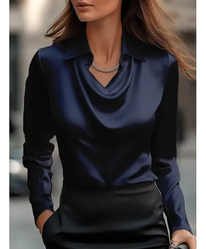 Blusa Feminina De Cetim Com Gola Alta, Frente Franzida E Man