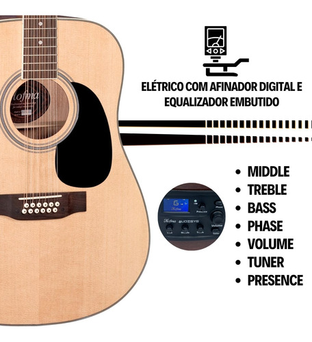 Violão 12 Cordas Elétrico Hofma He215e Aço Com Afinador