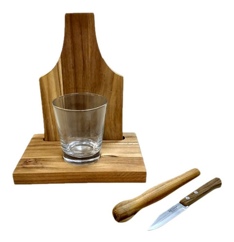 Kit Caipirinha Em Madeira + Tabua Com Garfo, Faca E Pegador
