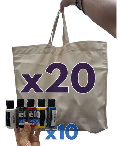 Kit 20 Tote Bags Friselina Ecológica + 10 Pinturas Acrílicas Beige