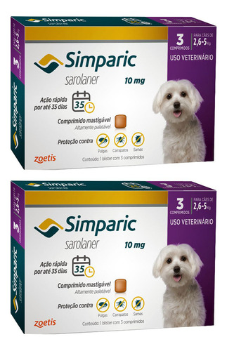 Kit 2x Simparic 10 Mg Cães 2,6 A 5 Kg 3 Comp - Antipulgas