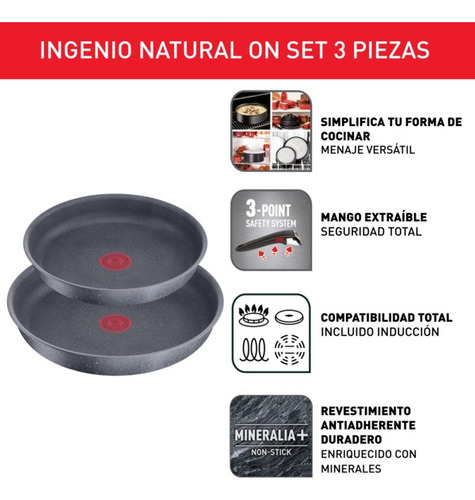 Juego de Sartenes T-Fal Natural On Ingenio 24/28 Cm Mango Removible Comodidad y Facilidad en Cada Uso Cocina Sin Límites L7669353