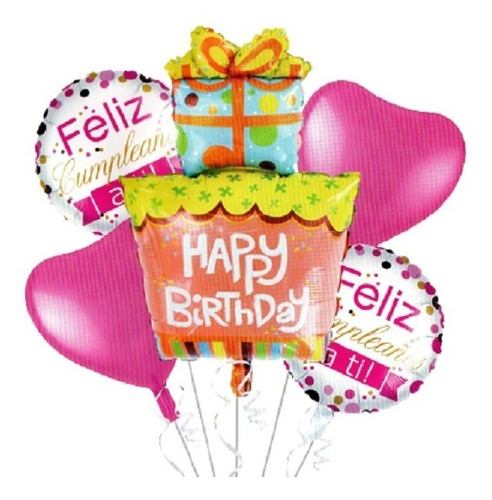 Kit De 5 Globos Happy Birthday / Feliz Cumpleaños Set Rosa