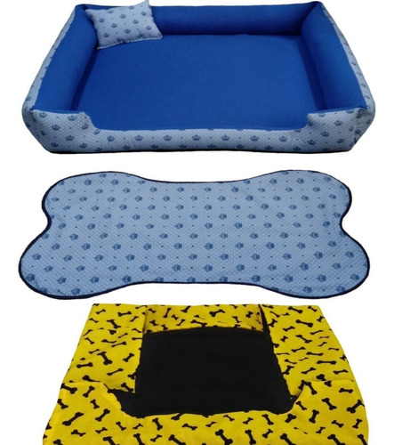 Cama Para Cachorro Grande Gg 95x95 Cm + Tapete E Capa Extra Cor Cama Azul + Capa Amarela