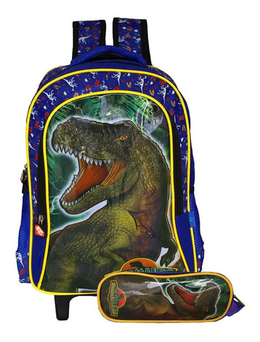 Kit Mochila De Rodinhas Com Estojo Infantil Do Dinossauro Cor Azul-escuro