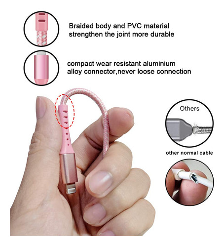 Mfi - Cargador De iPhone Rosa De 10 Pies, Paquete De 3 Cable