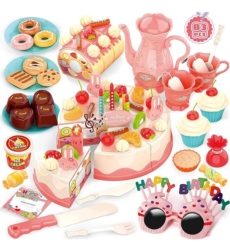 83 Pcs Birthday Cake Food Play Set - Food Toy Pretend Cuttin