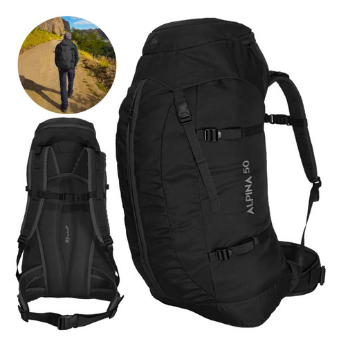 Mochila Grande Viagem Trilha Camping Alpina 50 Litros Preta Cor Preto