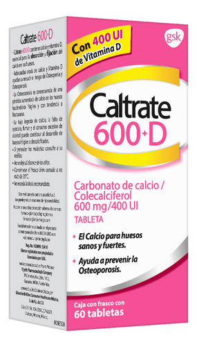 Caltrate 600+d Tabletas 600 Mg/400 Ui, 60 Tabletas