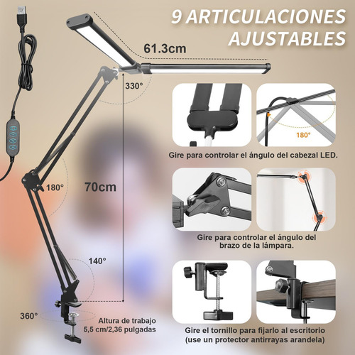 Lámpara De Escritorio Led Con Brazo Flexible De 360°luces De