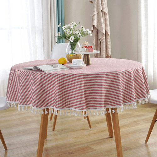 Mantel Redondo A Rayas Con Borla, Mantel De Comedor