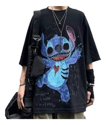 Camiseta Manga Corta Oscuro Estilo Hip Hop Patrón Stitch