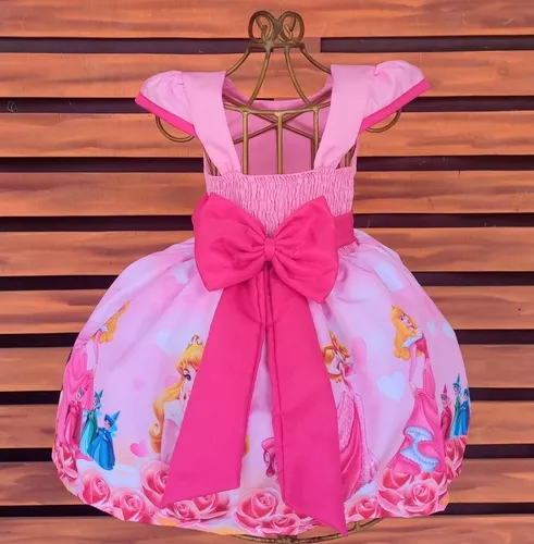 VESTIDO BEBE ROSA FESTA PRINCESA AURORA BELA ADORMECIDA LUXO