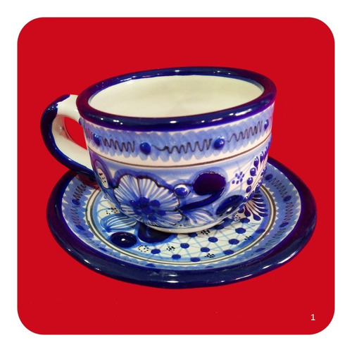 Terno De Taza Y Plato De Talavera Poblana Azul 300ml Tz