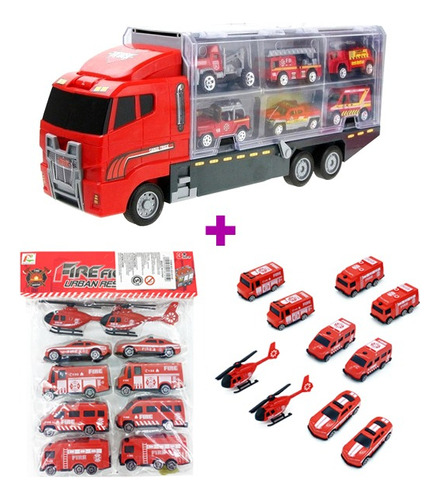 Combo Bomberos Camión Transportador + Set Vehículos 90050