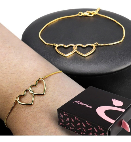 Pulseira Feminina Dourada Coração Duplo Com Extensor