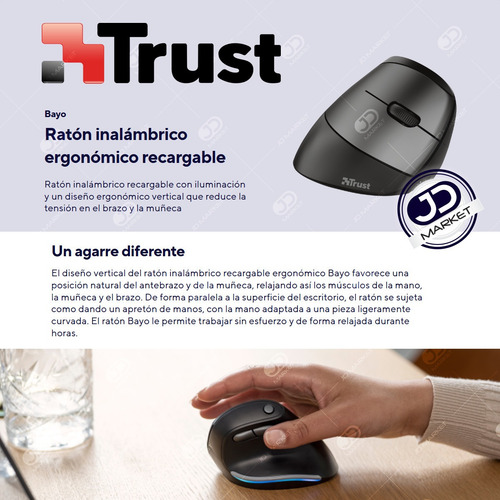 Imagen 2 de 10 de Mouse Vertical Ergonómico Inalámbrico Recargable Trust Bayo