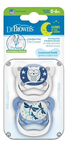 Kit De 2 Chupones Dr Brown´s Prevent Brilla Obscuridad +0-6m Color Azul Período de edad 0-6 meses