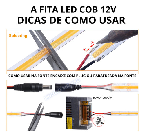 Kit 5mt Fita Led Cob Branco Quente 3000k + 01 Fonte 60w Slim Luz Branco-quente Tensão De Operação 12v 12v