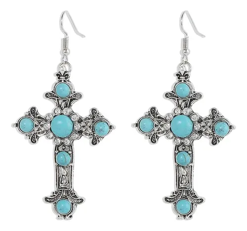 Brincos Vintage Em Cruz Turquesa Envelhecida, Fashion Cre Tk