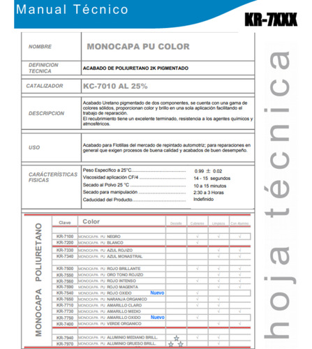 Acrilico Automotriiz K R 7000 Monocapa P U Color 4 Litros