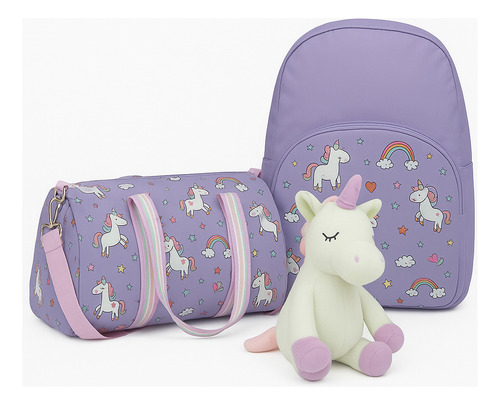 Set Mochila, Bolso Y Peluche Morado De Unicornio Para Niña