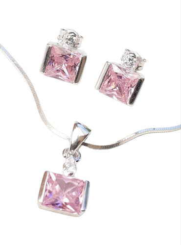 Conjunto Plata 925 Cubic Rosa Rectangular Conp520 