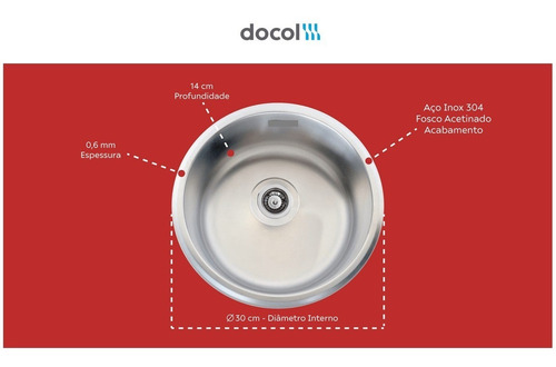 Cuba Inox Redonda Docol Fosca Sobrepor 30cm Válvula