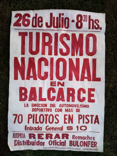Antiguo Afiche Automovilismo Turismo Nacional Balcarce 