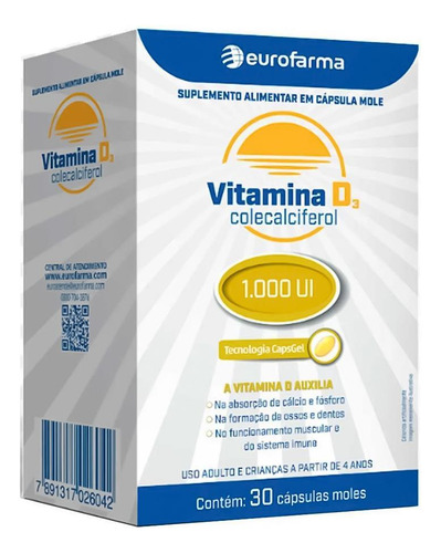 Vitamina D3 1000ui Com 30 Cápsulas Sem Sabor