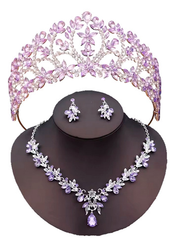 Set De Corona Reina Tiara Gargantilla Y Aretes Xv Boda Novia Lila/plata