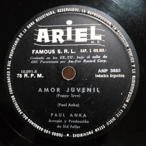 Disco De Pasta 78rpm Paul Anka Amor Juvenil