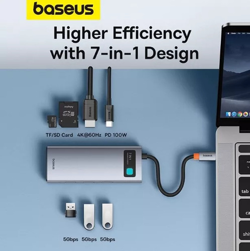Hub Adaptador Baseus 7 Em 1 Clarity 4k@60hz Tipo C Usb 3.0 Cinza