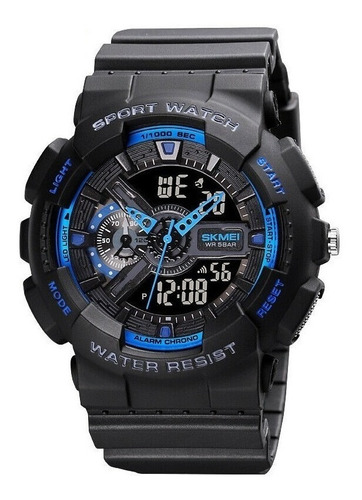 Reloj pulsera Skmei 1688 de cuerpo color negro, analógico-digital, para hombre, fondo negro, con correa de poliuretano color negro, agujas color azul y gris, dial negro y azul y gris, subesferas color azul y negro, minutero/segundero blanco, bisel color negro y azul, luz verde y hebilla doble