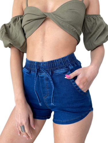 Short Jeans Elastizado Con Elástico En La Cintura 