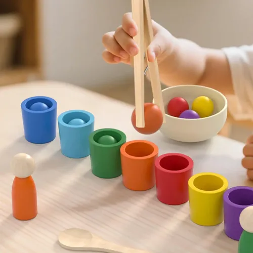 Juego De Clasificación De Frutas Montessori | Bolitas De Madera Y Cuchara | Regalo Educativo 1-3 Años | Coordinación Y Colores