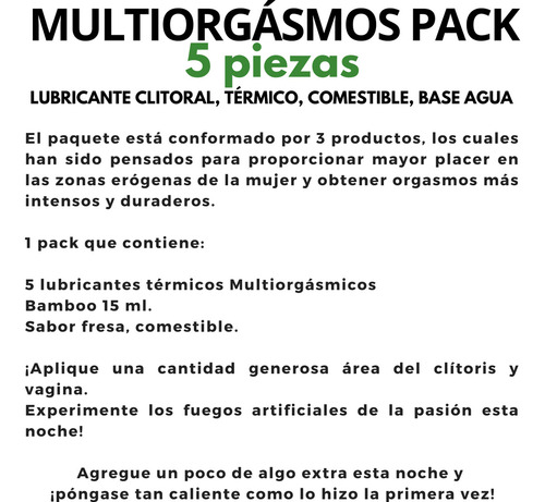 Set 5 Lubricante Gel Baseagua Multiorgásmico Clitoral Bamboo Sabor Fresa