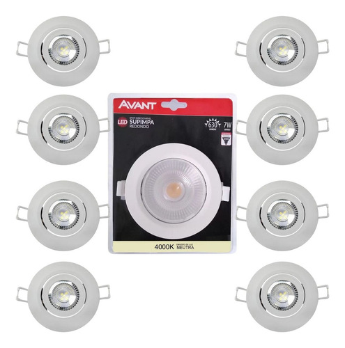 Kit 08 Luminária Spot Led Embutir Redondo 7w 4000k Cor Branco