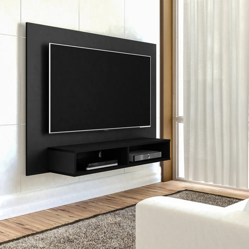 Mueble De Tv Panel Flotante Negro Con Repisa Negro