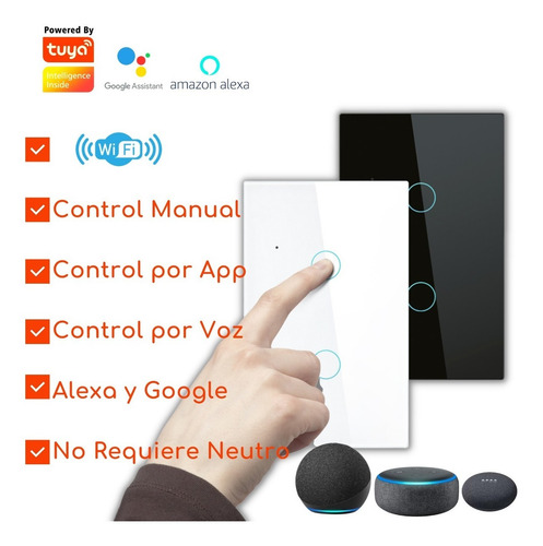 Imagen 2 de 8 de Interruptor Touch Doble Inteligente Wifi/2 Canal Sin Neutro