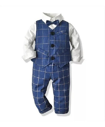 Traje Niños Pantalon Camisa Chaleco Moño Color Azul