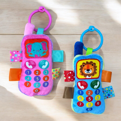 Sonajero Bebe Colgante Peluche Celular Con Chifle Color Azul