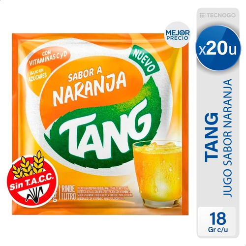 Imagen 1 de 9 de Jugo Polvo Tang Naranja C + D Sin Tacc Libre De Gluten X20