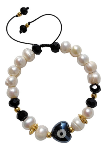 Pulsera Ajustable Con Perla Natural, Cristal Y Chapa De Oro