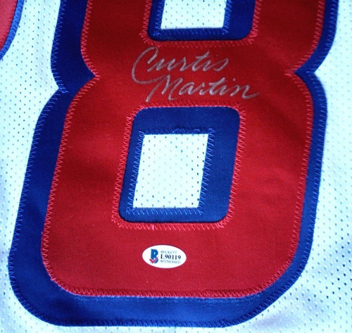 Jersey Patriotas De Nueva Inglaterra Autógrafo Curtis Martin