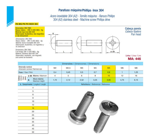 Parafuso Phillips M5x16 Cabeça Panela Inox M5 X 16 - 200un