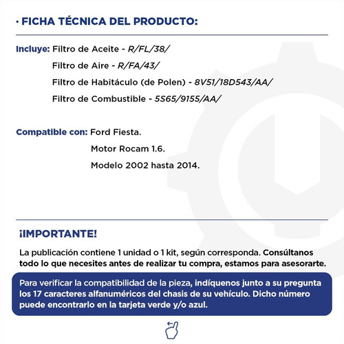 Imagen 2 de 9 de Kit 4 Filtros Completo Ford Fiesta 1 Rocam 1.6 02/14