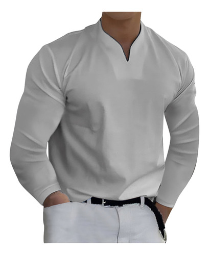 Camisa Casual E Para Hombre, Lisa, Manga Larga, Cuello En V,