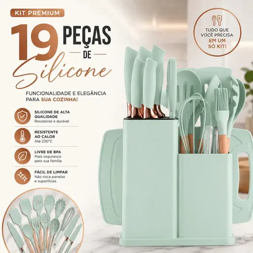 Kit 19 Utensílios De Cozinha  Em Silicone Cabo De Madeira Completo Resistente Ao Calor Livre De BPA Para Panelas Antiaderentes Com Suporte Tabua De Corte Espátulas Colheres Verde - Shokki