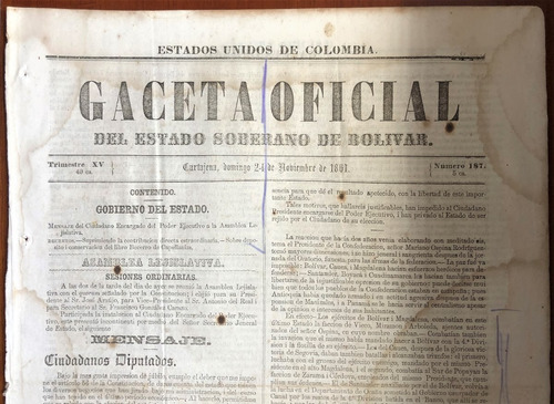 Antigua Gaceta Oficial Estado De Bolívar 1861